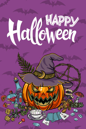 Happy halloween banner or party invitation background with violet fog clouds and pumpkinsのイラスト素材