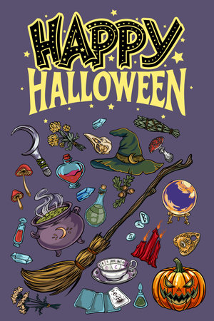 Happy halloween banner or party invitation background with violet fog clouds and pumpkinsのイラスト素材