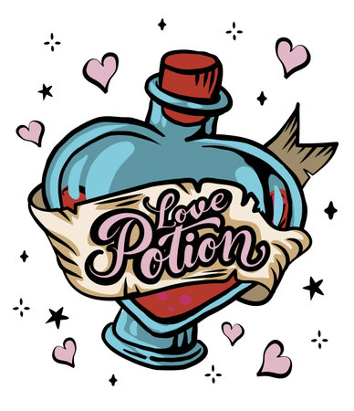 love potion t-shirt design, hand drawn lettering with creepy vibes isolated on white background, calligraphy graphic design typography element, handwritten vector signのイラスト素材