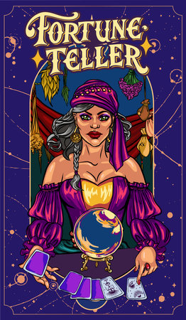 Poker queen with tarot cards. Vector illustration in retro style.のイラスト素材