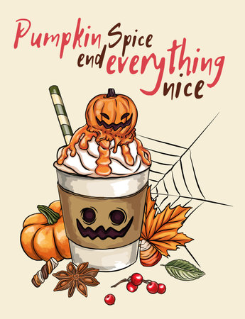 Pumpkin spice flavored food and drinks vector horizontal banner design. Autumn seasonal cartoon illustration cafe, Halloween Witch Club SVG Sublimation T shirt Designのイラスト素材
