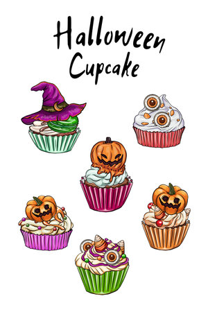 Autumn hot drink in a mug with cream, pumpkins, and forest leaves clipart. Vector illustration. Fall seasonal drink. Cute greeting card, postcard design.のイラスト素材