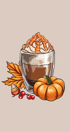 Autumn hot drink in a mug with cream, pumpkins, and forest leaves clipart. Vector illustration. Fall seasonal drink. Cute greeting card, postcard design.のイラスト素材
