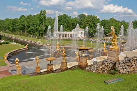 St. Petersburg, Russia - June 3: Grand Cascade of Peterhof is one of the largest gushing constructions of the world. It is located at the foot of the central part of the northern facade of the Grand Palace and is an integral part of it. June 3, 2013.のeditorial素材