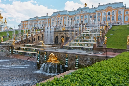 St. Petersburg, Russia - June 3: Grand Cascade of Peterhof is one of the largest gushing constructions of the world. It is located at the foot of the central part of the northern facade of the Grand Palace and is an integral part of it. June 3, 2013.のeditorial素材