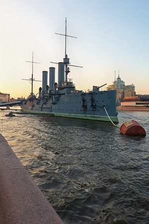 St. Petersburg, Russia - June 4: Aurora is a 1900 Russian protected cruiser, currently preserved as a museum ship in St. Petersburg. June 4, 2013.のeditorial素材