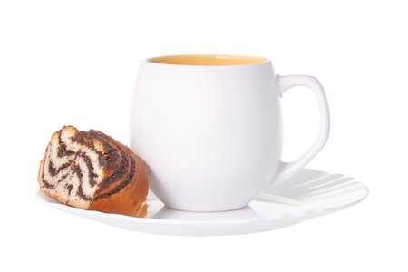 A cup of tea with a cake, on a white background isolatedの写真素材