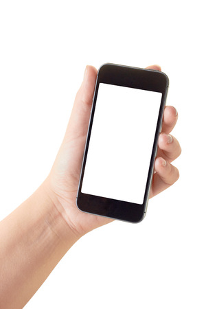 Hand holding mobile smart phone with blank screen, isolated on whiteの写真素材