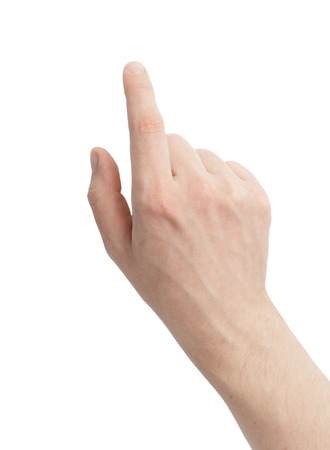 Man hand touching virtual screen. Isolated on white.の写真素材