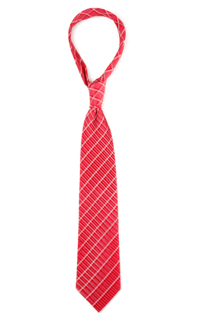 Red and white striped tie isolated on white backgroundの写真素材