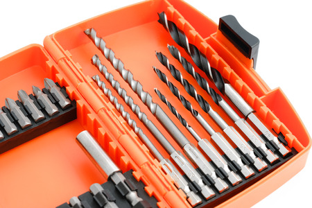 Drill bit set in box isolated on white background