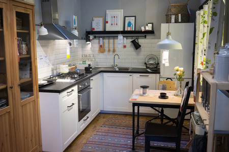 UFA, RUSSIA - AUGUST 18, 2017: Interior of large IKEA store in Ufa, Russia. IKEA was founded in Sweden in 1943, IKEA is the world's largest furniture retailer.のeditorial素材