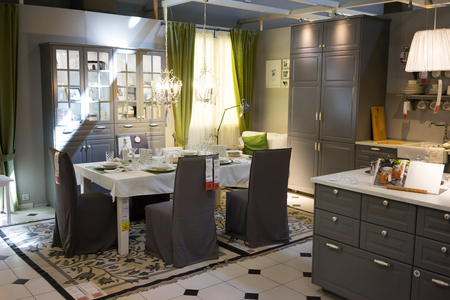 UFA, RUSSIA - AUGUST 18, 2017: Interior of large IKEA store in Ufa, Russia. IKEA was founded in Sweden in 1943, IKEA is the world's largest furniture retailer.のeditorial素材