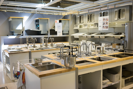 UFA, RUSSIA - AUGUST 18, 2017: Interior of large IKEA store in Ufa, Russia. IKEA was founded in Sweden in 1943, IKEA is the world's largest furniture retailer.のeditorial素材