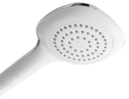White plastic plumbing showerhead, isolatedの写真素材