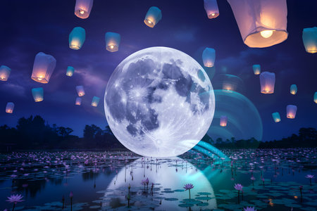 A luminous full moon dominates the night sky, casting reflections on water as illuminated lanterns drift upwards.の写真素材