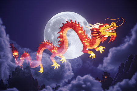 A glowing red dragon lantern floats majestically in front of a large, bright full moon, set against a dark, cloudy night sky.の写真素材