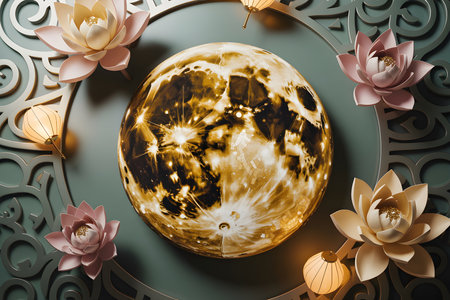 A glowing, textured orb resembling the moon is centrally placed, framed by soft lotus flowers and intricate metallic patterns.の写真素材