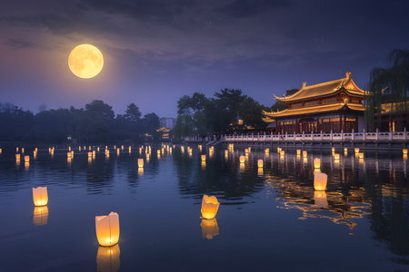 A tranquil scene unfolds as a full moon illuminates a lake dotted with glowing floating lanterns, reflecting a traditional building.の写真素材