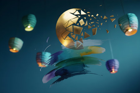 Several glowing sky lanterns drift in the night sky above a fragmented moon reflected in dark, rippling water.の写真素材