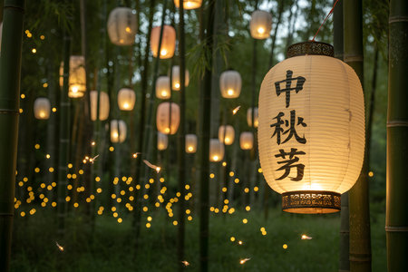 A large paper lantern with Chinese characters hangs prominently among many smaller glowing lanterns in a bamboo grove.の写真素材