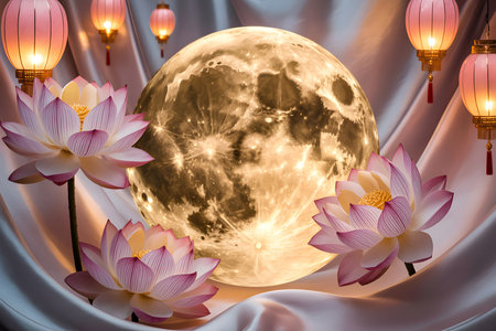 A luminous full moon is artfully arranged with soft pink lotus flowers and glowing lanterns, creating a serene and magical atmosphere.の写真素材