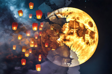 A surreal scene where numerous illuminated sky lanterns ascend towards a large, textured, and glowing full moon against a dark, cloudy sky.の写真素材
