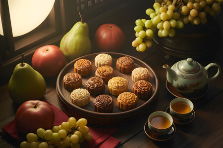 A still life arrangement featuring a variety of fruits, mooncakes, and a tea set, evoking a sense of harvest and tradition.の写真素材
