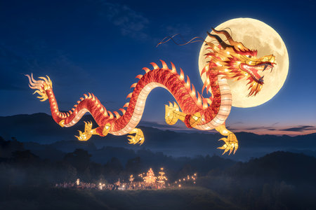 A vibrant, illuminated dragon lantern drifts across a dark night sky, with a large, glowing full moon behind it. A distant city glows below.の写真素材