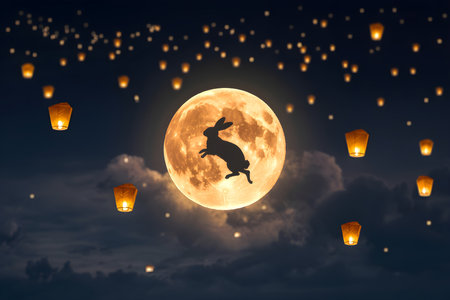 A mystical night scene with a rabbit silhouette against a large, glowing full moon, illuminated by numerous floating sky lanterns.の写真素材