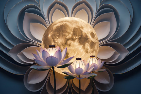 A surreal and dreamlike image featuring a luminous moon nestled within a blooming lotus flower, illuminated by soft, ethereal light.の写真素材