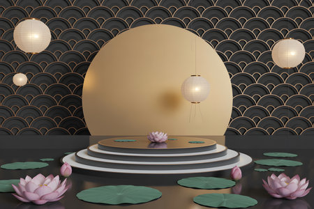 A tranquil scene featuring a large egg-shaped structure on a tiered platform surrounded by lotus flowers and ambient lanterns.の写真素材