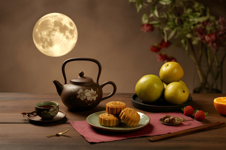 A still life scene depicting a Mid Autumn Festival celebration with mooncakes, tea, and fruit, illuminated by a large full moon.の写真素材