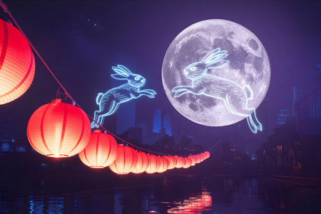 A festive nighttime scene features glowing red lanterns, a luminous carrot-shaped decoration, and a transparent rabbit illuminated by moonlight.の写真素材