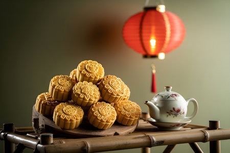 A festive scene featuring a pile of golden mooncakes, a delicate teapot, and a glowing red lantern, evoking the spirit of the Mid Autumn Festival.の写真素材