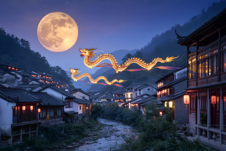 A vibrant dragon lantern parade floats through a quaint village nestled between mountains under a luminous full moon.の写真素材