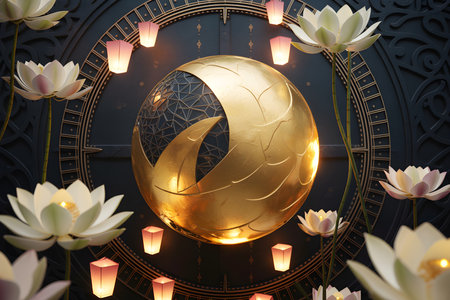 A radiant golden crescent moon is framed by delicate lotus flowers and glowing lanterns against a dark, starry backdrop.の写真素材