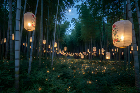 A magical scene unfolds in a bamboo forest as dozens of glowing paper lanterns cast a warm, inviting...