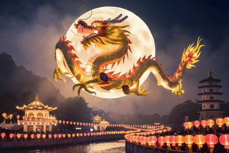 A colossal dragon lantern floats in front of a full moon, illuminating a festive scene with traditional buildings and countless glowing lanterns.の写真素材