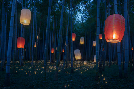 Dozens of glowing paper lanterns hang from tall bamboo stalks in a dark forest, creating a magical and peaceful atmosphere.の写真素材