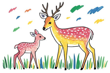 Deer and fawn on the meadow. Vector illustration.の写真素材