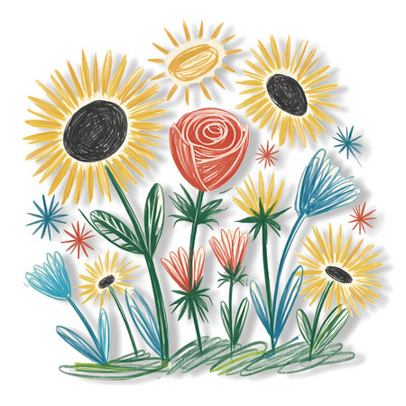 Vector illustration of sunflowers, daisies and poppy.の写真素材