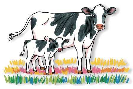 Illustration of a cow with her calf on a grass background.の写真素材