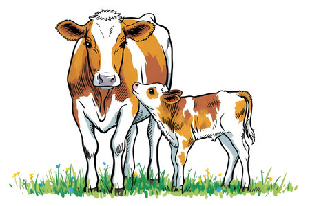 Calf and cow on the meadow. Hand drawn vector illustration.の写真素材