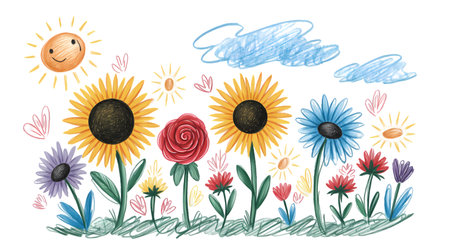 Hand drawn illustration of sunflower, sunflower, daisy and cloud.の写真素材