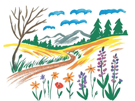 Landscape with meadow, mountains and flowers. Vector illustration.の写真素材