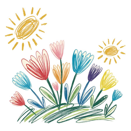 Hand drawn doodle flowers and sun isolated on white background.の写真素材