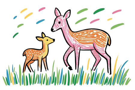 Illustration of a deer and a fawn in the grass.の写真素材