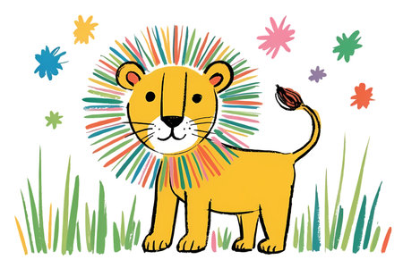 Lion in the grass. Hand drawn illustration for children.の写真素材