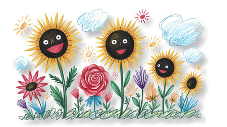 Set of cute hand drawn sunflowers and flowers.の写真素材
